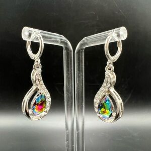 silver-toned leverback drop earrings teardrop-shaped rainbow mystic topaz